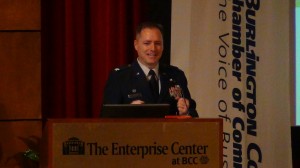 Col. John Wood, Commander, 87th Air Base Wing, speaks at Burlington County Chamber Economic Roundtable