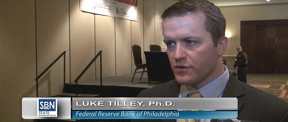 Luke Tilley, economist for the Philadelphia Federal Reserve Bank, speaks with StateBroadcastNews.com, at the Rutgers Quarterly Business Outlook January 30.