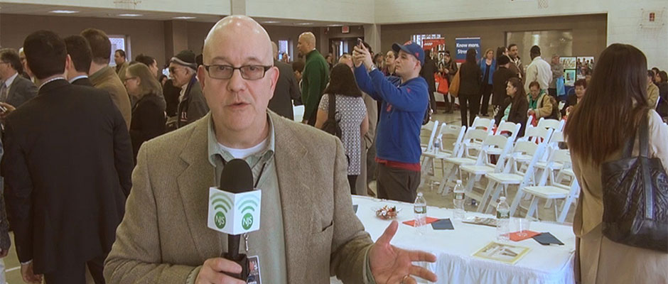 Steve Lubetkin reporting at the Hispanic outreach event in Union City, NJ.