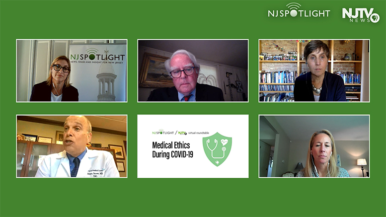 Screen capture from May 13, 2020 virtual roundtable on medical ethics during COVID-19, featuring panelists (clockwise from upper left): Moderator Lilo Stainton, health care reporter for NJ Spotlight; Hon. Paul W. Armstrong, J.S.C., M.A., J.D., LL.M.,(Ret), Senior Policy Fellow and Judge-in-Residence, Edward J. Bloustein School of Planning and Public Policy, Rutgers University;  Nancy Berlinger, PhD, Research Scholar, The Hastings Center; Elizabeth Litten, Esq., Chief Privacy & HIPAA Compliance Officer, Fox Rothschild; and Dr. Adam Jarrett, MS, FACHE, Executive Vice President and Chief Medical Officer, Holy Name Medical Center