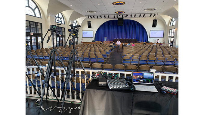Production setup for the Ocean Wind Town Hall Meeting included four HD video cameras, a high-performance PC running vMix video software, an Akai Mini MPC controller as switching platform, and audio mixer.