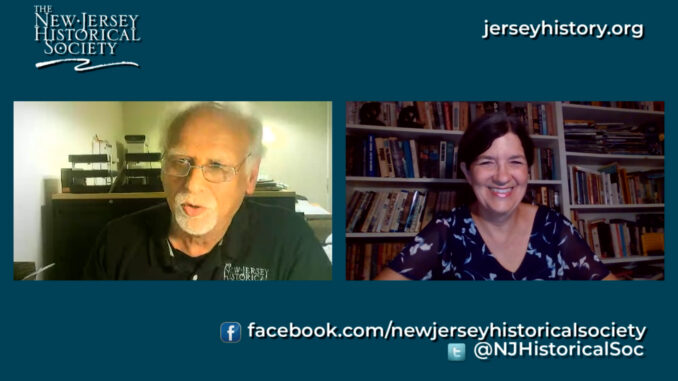 NJ Historical Society Executive Director Steven Tettamanti, left, introduces guest speaker Evelyn Hershey for the webinar on the Paterson Silk Strike and the role of the Botto family in labor organizing in New Jersey.